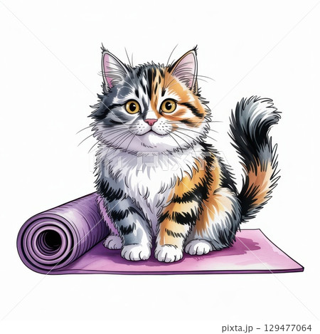 Charming Watercolor Illustration of a Calico Cat on a Yoga Mat in a Serene Indoor Setting Charming Watercolor Illustration of a Calico Cat on a Yoga Mat in a Serene Indoor Setting 129477064