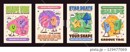 Math shape groovy characters posters. Retro cartoon geometric figures like cube, star, sphere, cross and prism dancing and expressing emotions with playful slogans, creating funky, nostalgic y2k vibe 129477069