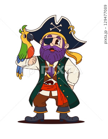 Cartoon groovy pirate corsair and sailor character with parrot on his shoulder and a flintlock. Isolated vector picaroon personage with beard and excited expression, wears eye patch and tricorn hat Cartoon groovy pirate corsair and sailor character with parrot on his shoulder and a flintlock. Isolated vector picaroon personage with beard and excited expression, wears eye patch and tricorn hat 129477089