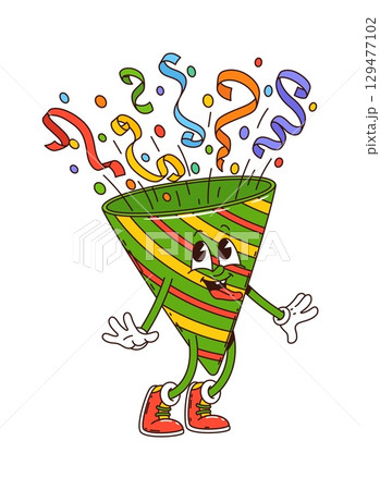 Cartoon groovy birthday character in holiday party hat with confetti, vector emoji. Groovy birthday hat with funny silly face, freaky tongue out and confetti for party celebration comic character 129477102