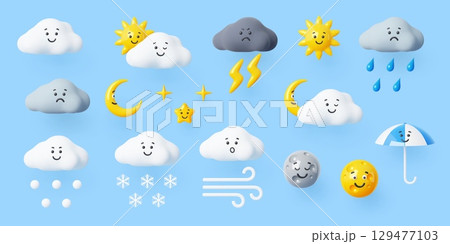 3d weather characters, cartoon vector icon set featuring cheerful and sad clouds, sun, moon, stars, lightning, snow, rain and wind with expressive faces. Funny personages for weather forecast apps 129477103