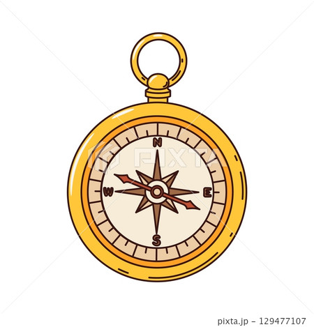 Cartoon groovy ancient pirate and corsair compass with a wind rose and cardinal directions. Vector vintage tool evokes navigation, adventure and exploration. Retro brass navigation nautical item 129477107