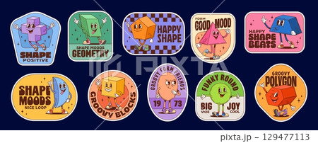 Math shape characters Christmas groovy label stickers set. Vector retro cartoon geometric forms with playful emotions and typography promoting positivity, fun, groove in a quirky, nostalgic y2k vibes 129477113