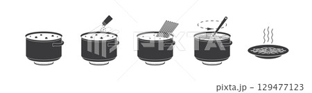 Pasta preparation process instruction. Step by step guide for spaghetti cooking. Pasta cooking instruction. Pasta recipe icons. 129477123