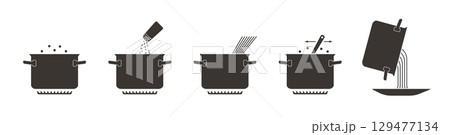 Pasta preparation process instruction. Step by step guide for spaghetti cooking. Pasta cooking instruction. Pasta recipe icons. Pasta preparation process instruction. Step by step guide for spaghetti cooking. Pasta cooking instruction. Pasta recipe icons. 129477134