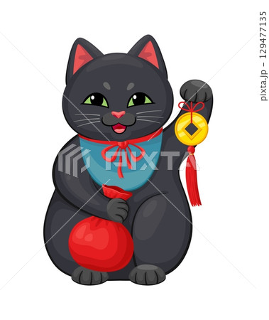 Maneki neko Japanese lucky cat for luck, fortune and money, vector cartoon character. Maneki neko cat with money bag and golden coin, Japanese animal toy with waving paw and luck symbol of Japan 129477135
