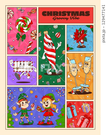 Christmas holiday posters with groovy characters. Vector retro comic collage featuring retro y2k elves, candy canes, ornaments, holiday letter and champagne glasses, exude cheer and seasonal spirit 129477141