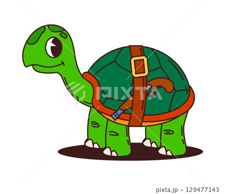 Cartoon funny turtle pirate animal character with pistol gun. Isolated vector cute and groovy reptile tortoise filibuster crew personage searching hidden treasures and engaging high seas adventures 129477143