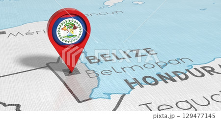Belize, Belmopan - location pin with national flag on political map - 3D illustration 129477145