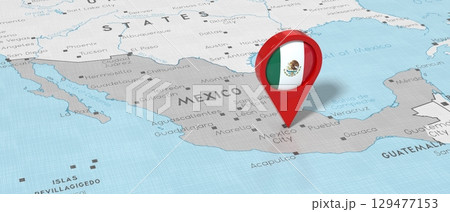 Mexico, Mexico City - location pin with national flag on political map - 3D illustration 129477153