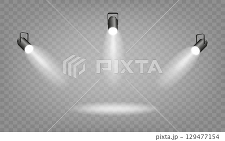 Spotlight lighting. Light source studio lighting walls spotlight. Light beams light effect. Vector Spotlight lighting. Light source studio lighting walls spotlight. Light beams light effect. Vector 129477154