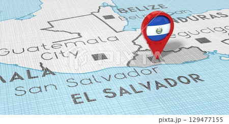 El Salvador, San Salvador - location pin with national flag on political map - 3D illustration El Salvador, San Salvador - location pin with national flag on political map - 3D illustration 129477155