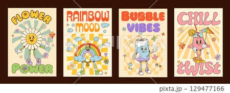 Groovy characters posters. Cartoon playful and cheerful retro flower, rainbow, soda can, and tropical drink y2k hippie personages expressing vibrant relaxed and positive summer vibes with text slogans Groovy characters posters. Cartoon playful and cheerful retro flower, rainbow, soda can, and tropical drink y2k hippie personages expressing vibrant relaxed and positive summer vibes with text slogans 129477166