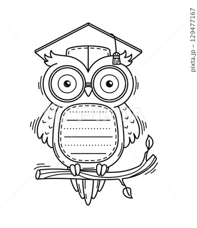 Kids memo note frame with funny cute whimsical owl sitting on a branch, wearing glasses and a graduation cap. Vector bird belly features lined space for writing, educational activities, stationery 129477167