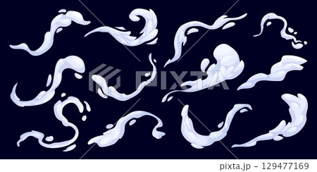 Cartoon smoke effects, hot coffee drink and tea steam, tasty food flavor. Vector good smell, aroma fume or vapor clouds, fog swirls, hot cup or kettle steam, grill and cigarette cartoon smoke effects 129477169