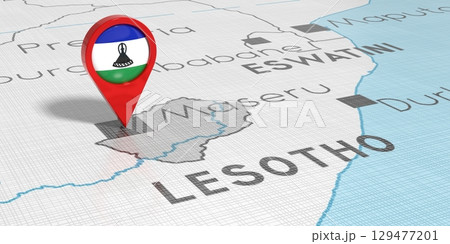 Lesotho, Maseru - location pin with national flag on political map - 3D illustration Lesotho, Maseru - location pin with national flag on political map - 3D illustration 129477201
