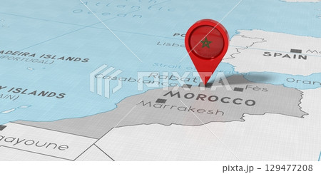 Morocco, Rabat - location pin with national flag on political map - 3D illustration 129477208