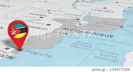 Mozambique, Maputo - location pin with national flag on political map - 3D illustration 129477209