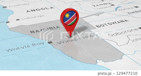 Namibia, Windhoek - location pin with national flag on political map - 3D illustration 129477210