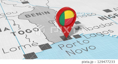 Benin, Porto-Novo - location pin with national flag on political map - 3D illustration Benin, Porto-Novo - location pin with national flag on political map - 3D illustration 129477233