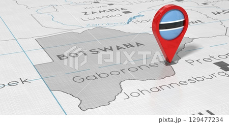 Botswana, Gaborone - location pin with national flag on political map - 3D illustration 129477234