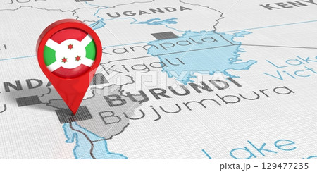 Burundi, Bujumbura - location pin with national flag on political map - 3D illustration Burundi, Bujumbura - location pin with national flag on political map - 3D illustration 129477235