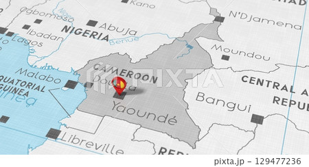 Cameroon, Yaounde - location pin with national flag on political map - 3D illustration 129477236