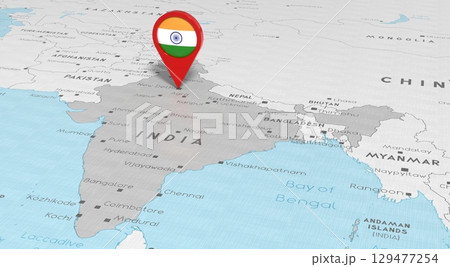 India, New Delhi - location pin with national flag on political map - 3D illustration India, New Delhi - location pin with national flag on political map - 3D illustration 129477254