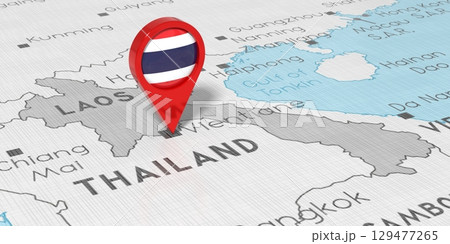 Thailand, Vientiane - location pin with national flag on political map - 3D illustration Thailand, Vientiane - location pin with national flag on political map - 3D illustration 129477265