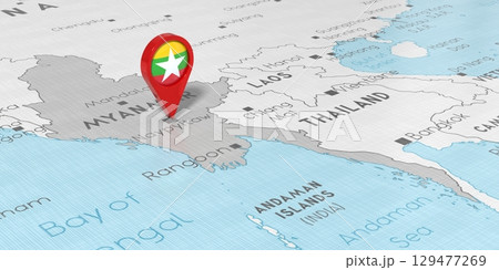 Myanmar, Naypyidaw - location pin with national flag on political map - 3D illustration 129477269