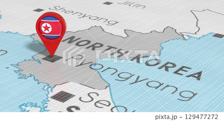 North Korea, Pyongyang - location pin with national flag on political map - 3D illustration North Korea, Pyongyang - location pin with national flag on political map - 3D illustration 129477272