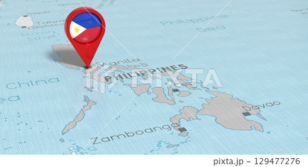 Philippines, Manila - location pin with national flag on political map - 3D illustration 129477276