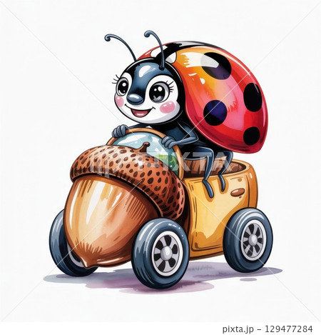 Charming Watercolor Illustration of a Ladybug Driving a Toy Car Made From an Acorn 129477284