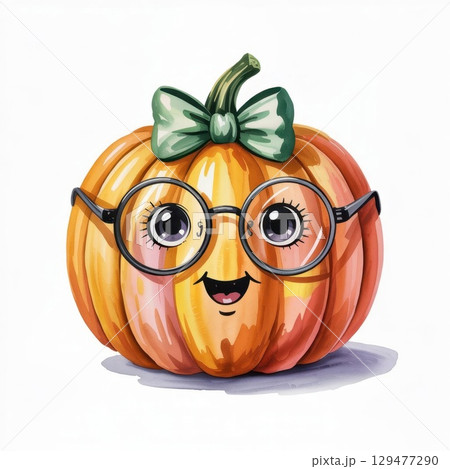 Cute Pumpkin Character With Glasses and a Bow in a Charming Watercolor Style Illustration 129477290