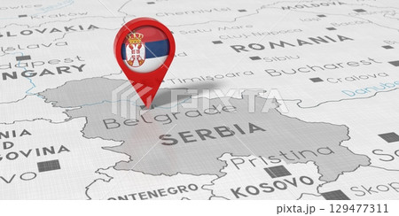 Serbia, Belgrade - location pin with national flag on political map - 3D illustration 129477311