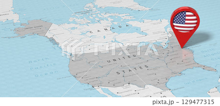 USA, United States of America with Alaska, Washington - location pin with national flag on political map - 3D illustration 129477315