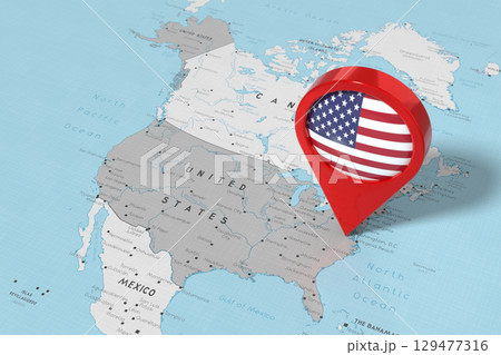 USA, United States of America with Alaska, Washington - location pin with national flag on political map - 3D illustration 129477316