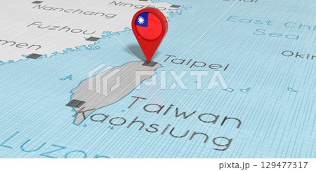 Taiwan, Taipei - location pin with national flag on political map - 3D illustration 129477317