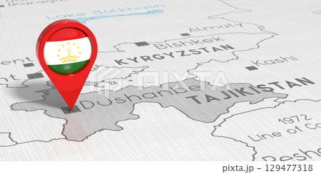 Tajikistan, Dushanbe - location pin with national flag on political map - 3D illustration 129477318