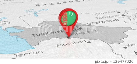 Turkmenistan, Ashgabat - location pin with national flag on political map - 3D illustration Turkmenistan, Ashgabat - location pin with national flag on political map - 3D illustration 129477320