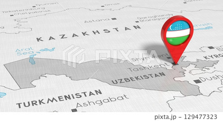 Uzbekistan, Tashkent - location pin with national flag on political map - 3D illustration 129477323