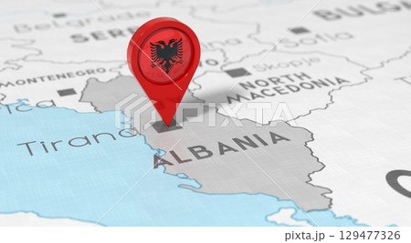 Albania, Tirana - location pin with national flag on political map - 3D illustration Albania, Tirana - location pin with national flag on political map - 3D illustration 129477326