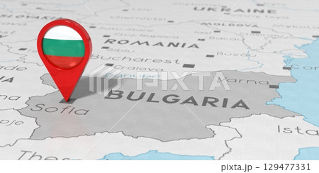 Bulgaria, Sofia - location pin with national flag on political map - 3D illustration Bulgaria, Sofia - location pin with national flag on political map - 3D illustration 129477331