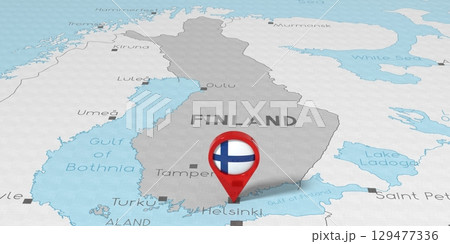 Finland, Helsinki - location pin with national flag on political map - 3D illustration 129477336