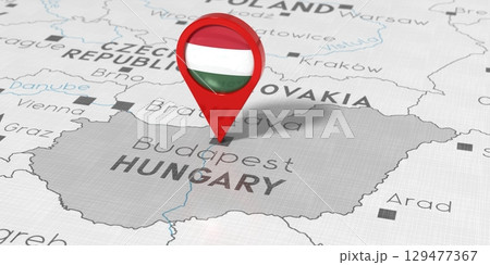 Hungary, Budapest - location pin with national flag on political map - 3D illustration 129477367