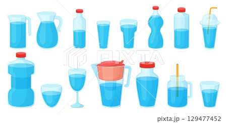 Drink water glasses. More liquid, isolated glass and plastic bottles, jar and jug. Hydration elements, water balance. Diet and lifestyle, neoteric vector set Drink water glasses. More liquid, isolated glass and plastic bottles, jar and jug. Hydration elements, water balance. Diet and lifestyle, neoteric vector set 129477452