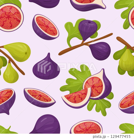 Fig seamless pattern. Fig fruits backdrop design, juicy fruit with leaves. Tropical exotic sweet food, raw ingredients. Print for fabric, wallpaper, neoteric vector background Fig seamless pattern. Fig fruits backdrop design, juicy fruit with leaves. Tropical exotic sweet food, raw ingredients. Print for fabric, wallpaper, neoteric vector background 129477455