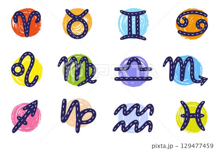 Zodiac signs. Mystical zodiac symbols in trendy style. Celestial astronomy, horoscope sign doodle elements. Isolated decorative neoteric vector set 129477459