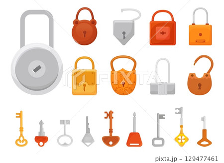 Keys and padlocks. Cartoon metallic padlock, silver gold bronze locks. Symbols of protection, insurance, security with different keys, neoteric vector clipart 129477461