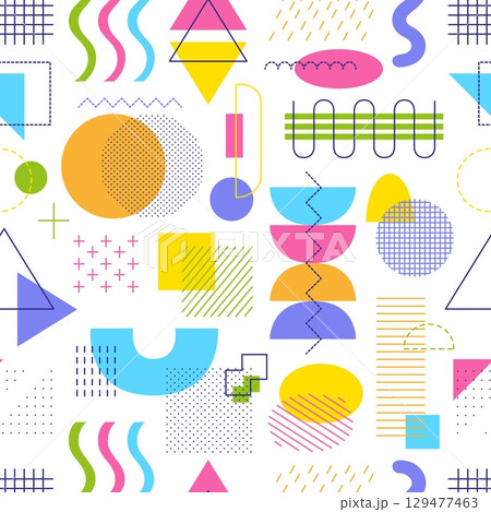 Geometric elements seamless pattern. Abstract print with line and dot shapes. Geometry design for fabric wallpaper website, neoteric vector background 129477463